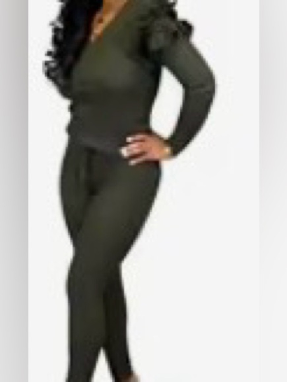 Olive Green Long Sleeve V-Neck Jumpsuit